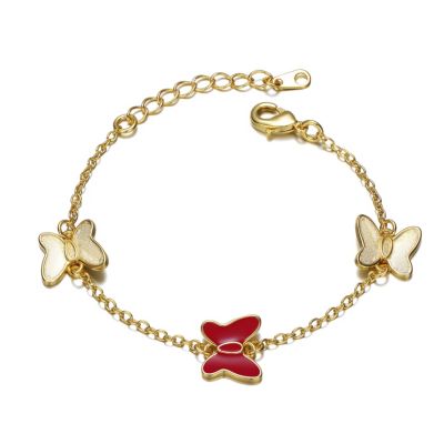 Rozzato Lab Created 14k Yellow Gold Plated Adjustable Bracelet with Butterfly Charms for Kids, Red