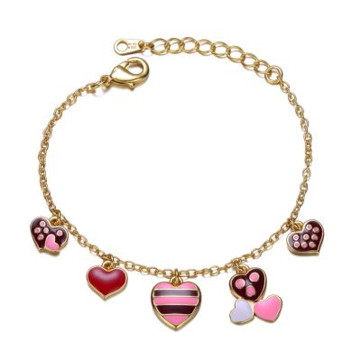 Rozzato Lab Created 14k Yellow Gold Plated Adjustable Bracelet with Heart Charms and Colored Enamel for Kids, Blue