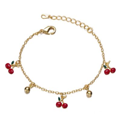 Rozzato Lab Created 14k Yellow Gold Plated Adjustable Bracelet with Red Enamel Cherry Charms for Kids