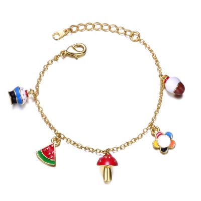Rozzato Lab Created 14k Yellow Gold Plated Adjustable Bracelet with Multi-Shaped Charms for Kids