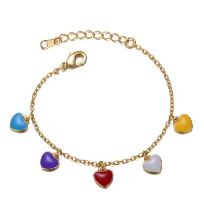 Rozzato Lab Created 14k Yellow Gold Plated Adjustable Bracelet with Multi-Colored Enameled Heart Charms for Toddler/Kids