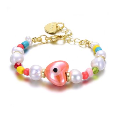 Rozzato Lab Created 14k Yellow Gold Plated Multi-Color Beads Bracelet with Freshwater Pearls for Kids