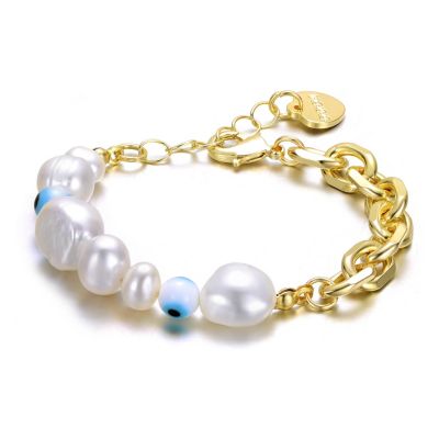 Rozzato Lab Created 14k Yellow Gold Plated Bracelet with Freshwater Pearls, Eye Pattern Beads, and Cable Chain for Kids