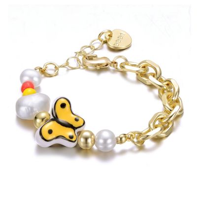 Rozzato Lab Created 14k Yellow Gold Plated Multi Color Beads bracelet with Freshwater Pearls and a Butterfly Charm for Kids