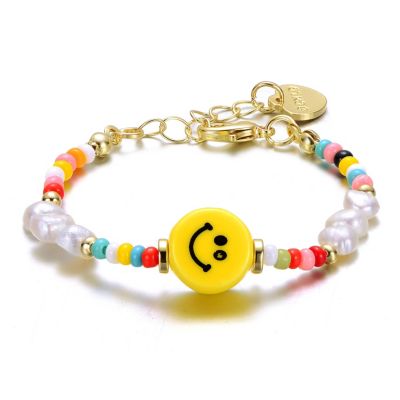 Rozzato Lab Created 14k Yellow Gold Plated Multi Color Beads Bracelet with Freshwater Pearls and a Smiley Charm for Kids