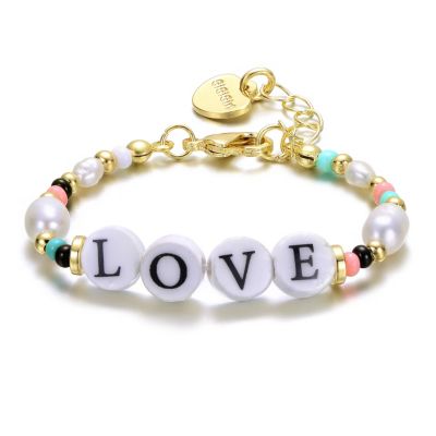 Rozzato Lab Created 14k Yellow Gold Plated Multi Color Beads Bracelet with Freshwater Pearsl and Love Tag in Circular Charms for Kids