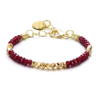 Rozzato Lab Created 14k Yellow Gold Plated Bracelet with Colored and Gold Plated Mineral Beads in Pattern for Kids, Red