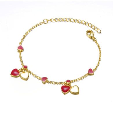 Rozzato Lab Created 14k Gold Plated Red Enamel Dangle Heart Charm Bracelet for Toddler/Kids