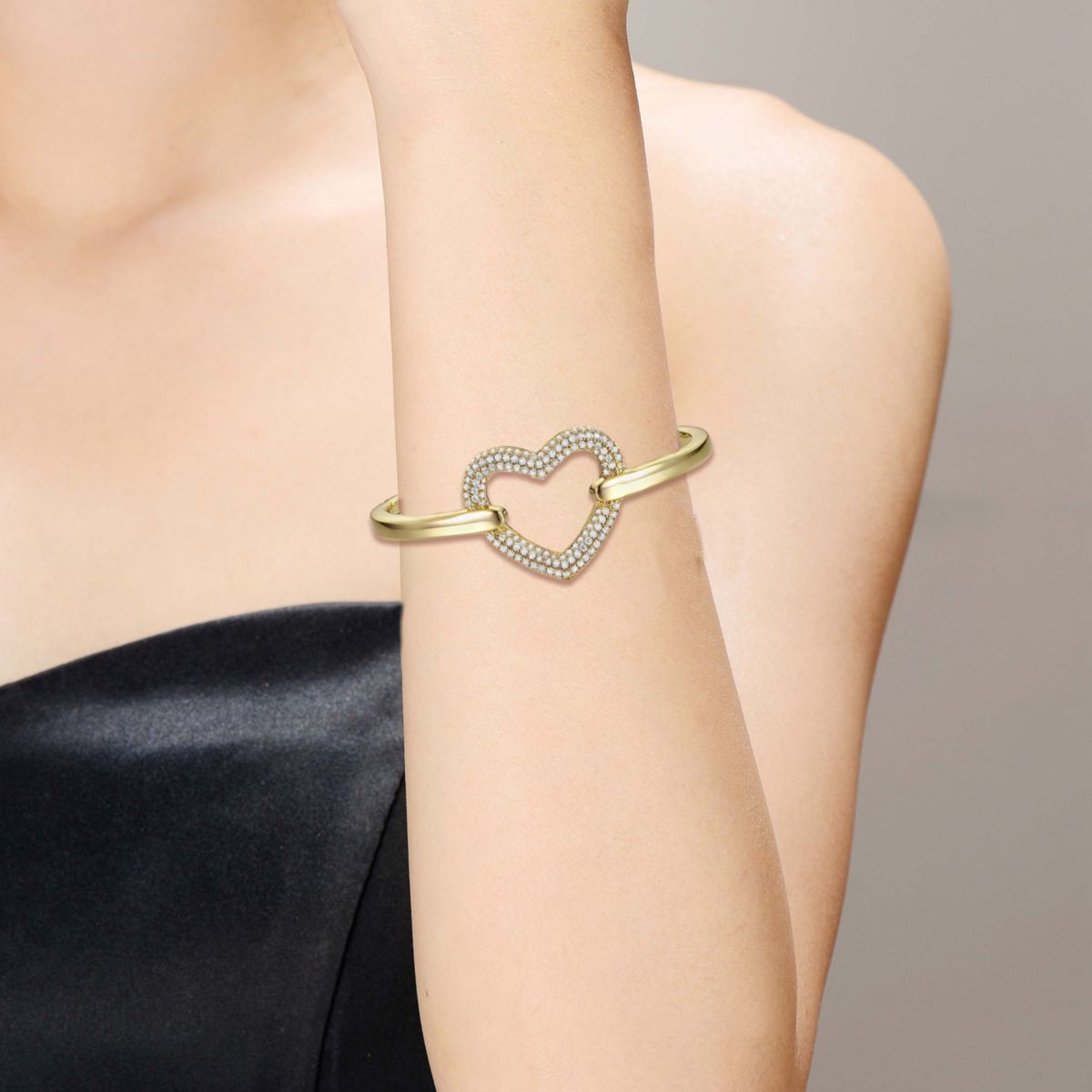 Lab Created 14k Gold Plated Cubic Zirconia French Pave Heart Halo Stacking Bracelet