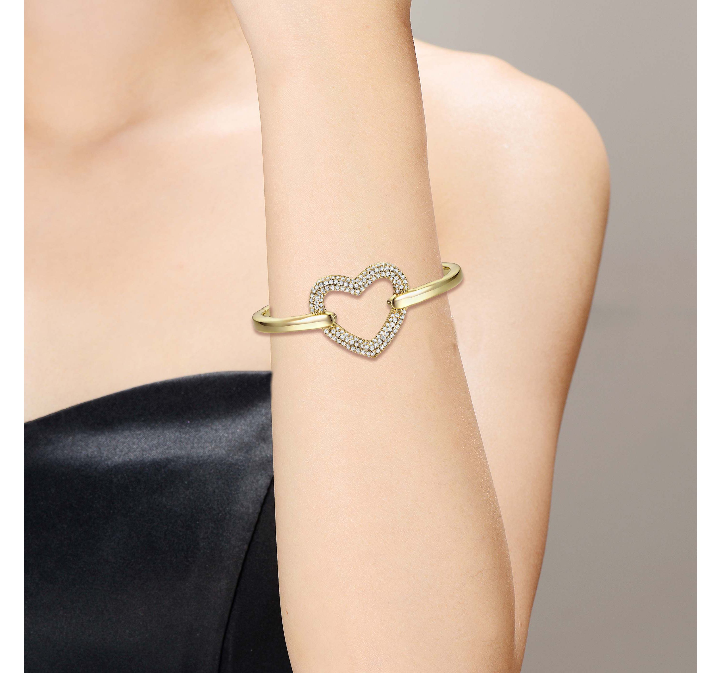 Lab Created 14k Gold Plated Cubic Zirconia French Pave Heart Halo Stacking Bracelet