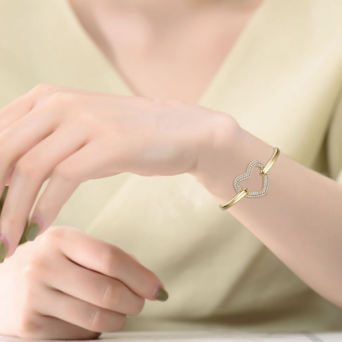 Lab Created 14k Gold Plated Cubic Zirconia French Pave Heart Halo Stacking Bracelet