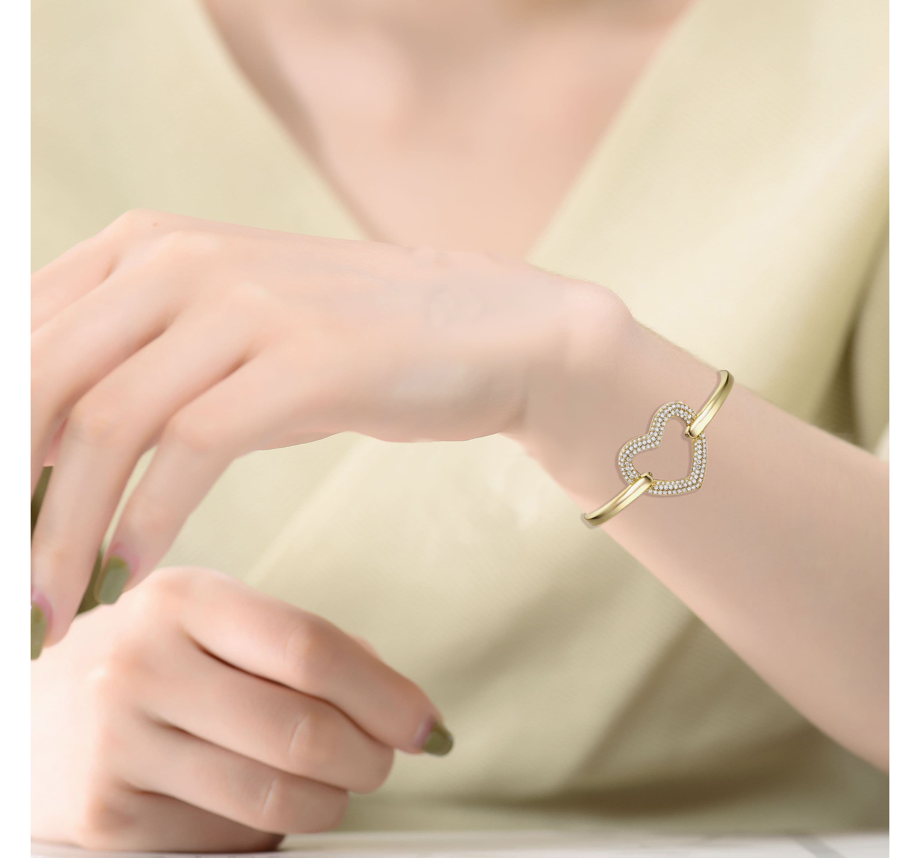 Lab Created 14k Gold Plated Cubic Zirconia French Pave Heart Halo Stacking Bracelet