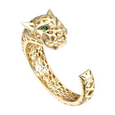 Rozzato Lab Created Luxurious 14k Gold Plated Jaguar Open Cuff Bangle Bracelet with Emerald Cubic Zirconia