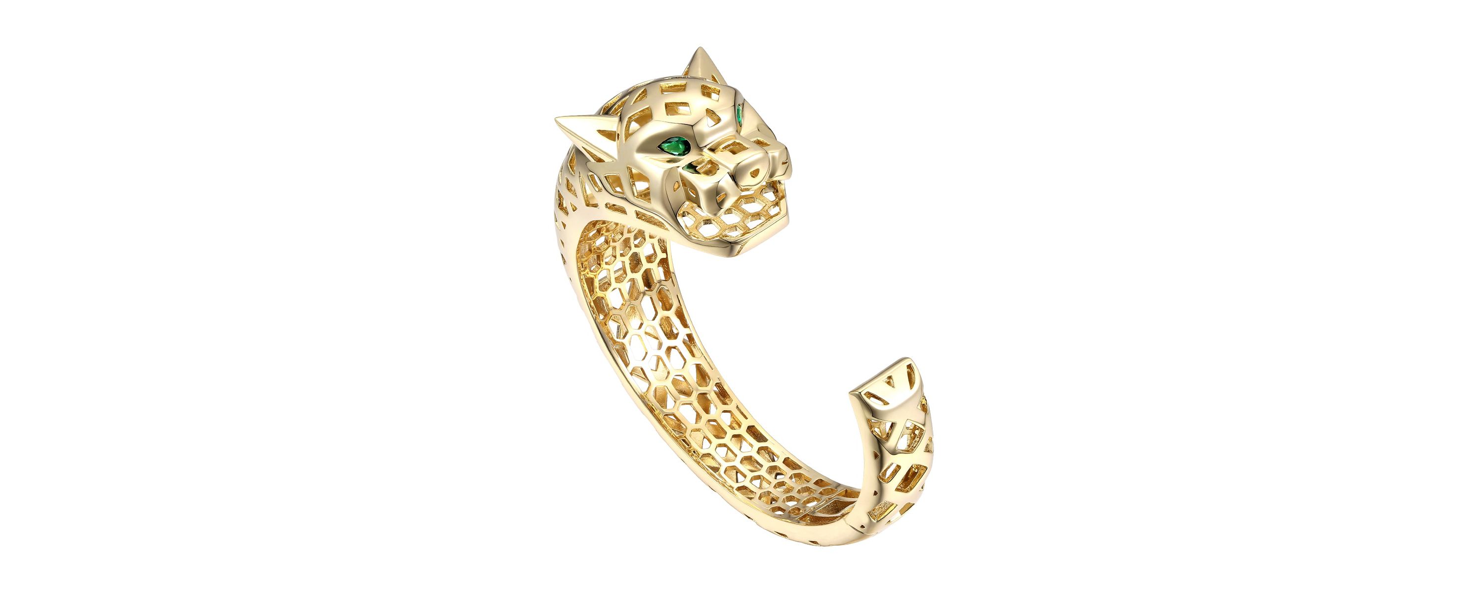 Lab Created Luxurious 14k Gold Plated Jaguar Open Cuff Bangle Bracelet with Emerald Cubic Zirconia