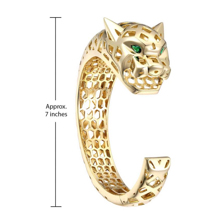 Lab Created Luxurious 14k Gold Plated Jaguar Open Cuff Bangle Bracelet with Emerald Cubic Zirconia