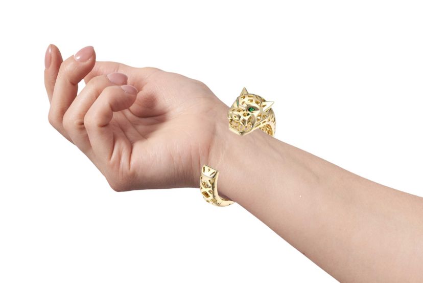 Lab Created Luxurious 14k Gold Plated Jaguar Open Cuff Bangle Bracelet with Emerald Cubic Zirconia