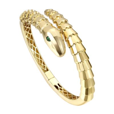Rozzato Lab Created 14K Gold Plated with Emerald Green Cubic Zirconia Textured Coiled Serpent Bypass Bangle Bracelet
