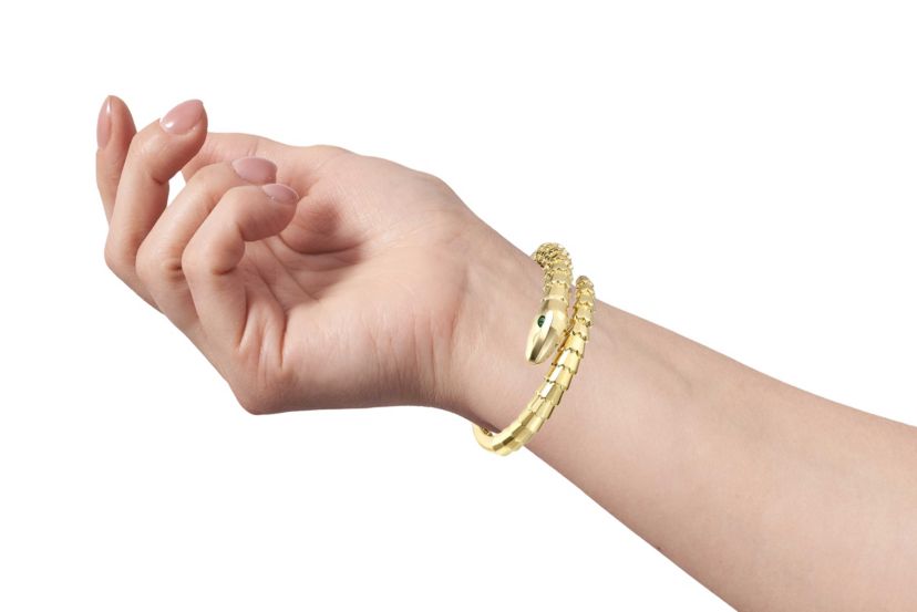 Lab Created 14k Gold Plated with Emerald Cubic Zirconia Textured Coiled Serpent Bypass Bangle Bracelet