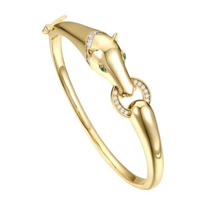 Rozzato Lab Created 14k Gold Plated with Emerald & Cubic Zirconia Wild Cat Door Knocker Bangle Bracelet