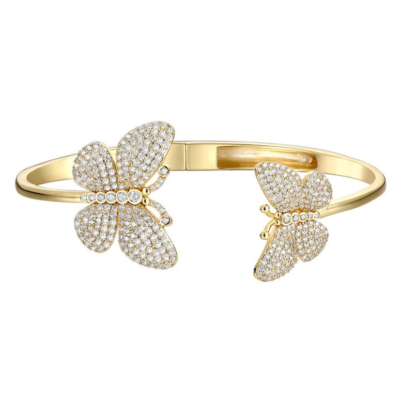 Lab Created 14k Gold Plated with Cubic Zirconia French Pave Butterfly Open Cuff Bangle Bracelet
