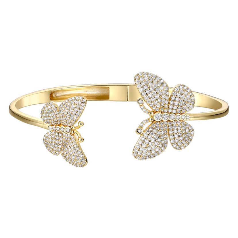 Lab Created 14k Gold Plated with Cubic Zirconia French Pave Butterfly Open Cuff Bangle Bracelet
