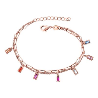 Rozzato Lab Created Rainbow Multi-Color Cubic Zirconia Adjustable Birthstone Charm Bracelet, Pink