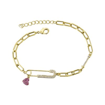 Rozzato Lab Created Kid's/ Teen 14k Gold Plated with Pink & Cubic Zirconia Safety Pin Dangle Heart Charm Adjustable Bracelet