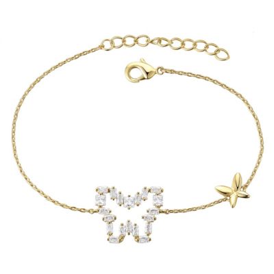 Rozzato Lab Created Kids/ Teens 14k Gold Plated with Baguette Cubic Zirconia Halo Butterfly Charm Adjustable Bracelet