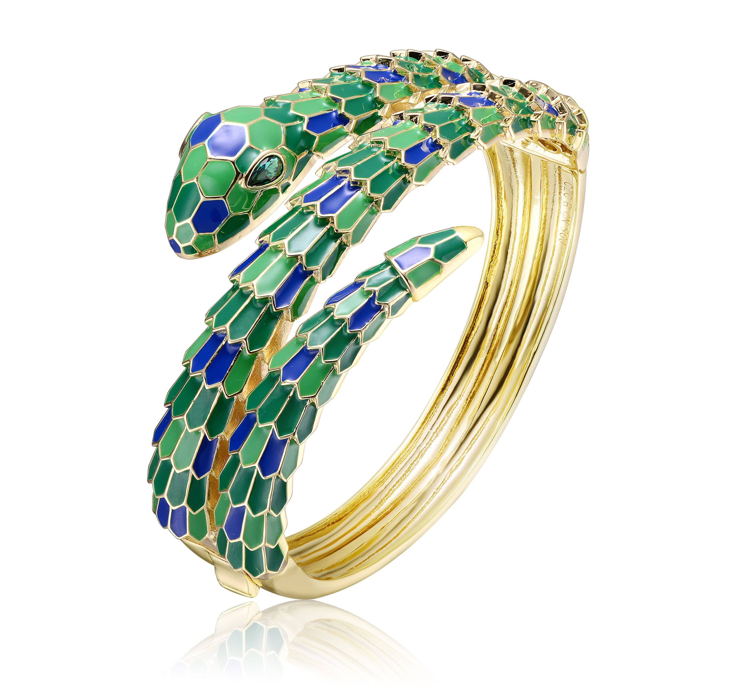 Lab Created 14k Yellow Gold Plated with Emerald Cubic Zirconia Green & Blue Enamel 3D Serpent Coiled Bypass Wrapped Bangle Bracelet