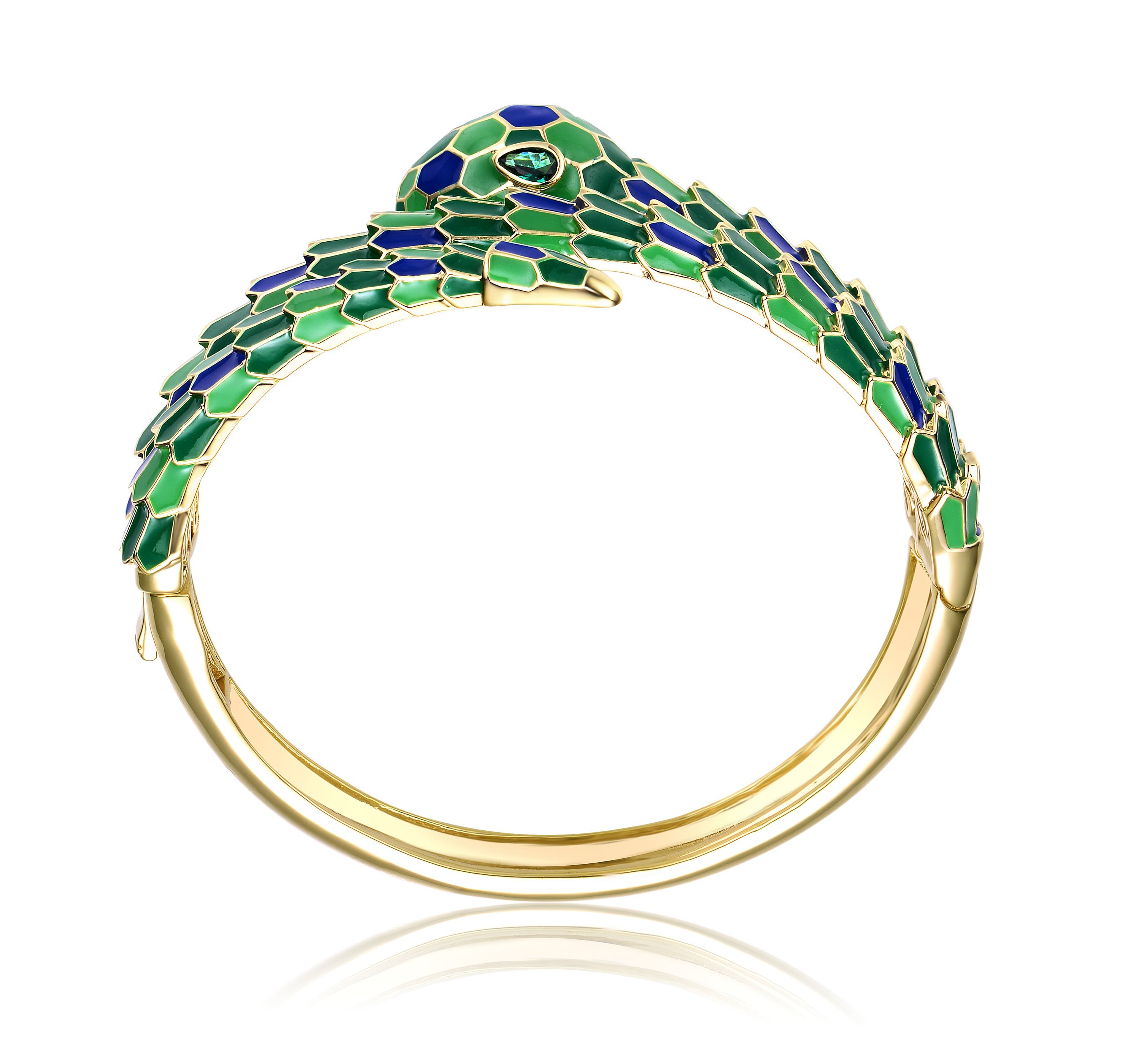 Lab Created 14k Yellow Gold Plated with Emerald Cubic Zirconia Green & Blue Enamel 3D Serpent Coiled Bypass Wrapped Bangle Bracelet