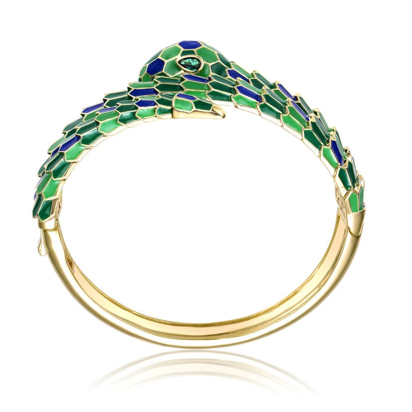Lab Created 14k Yellow Gold Plated with Emerald Cubic Zirconia Green & Blue Enamel 3D Serpent Coiled Bypass Wrapped Bangle Bracelet