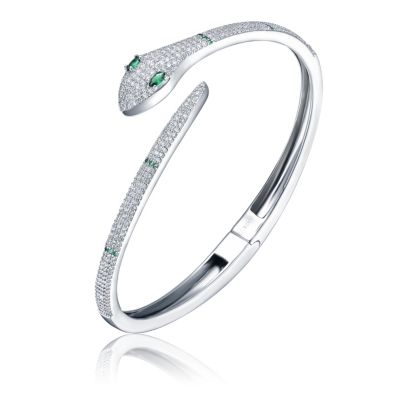 Rozzato Lab Created White Gold Plated with Emerald Green Cubic Zirconia Snake Bypass Coil Wrap Bangle Bracelet
