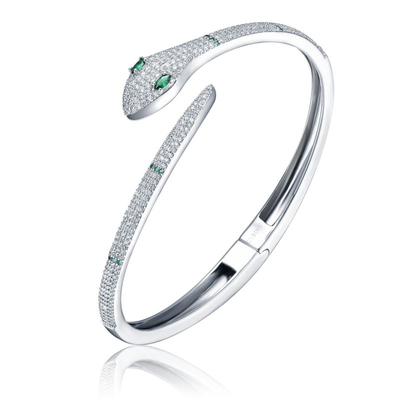 Lab Created White Gold Plated with Emerald Green Cubic Zirconia Snake Bypass Coil Wrap Bangle Bracelet