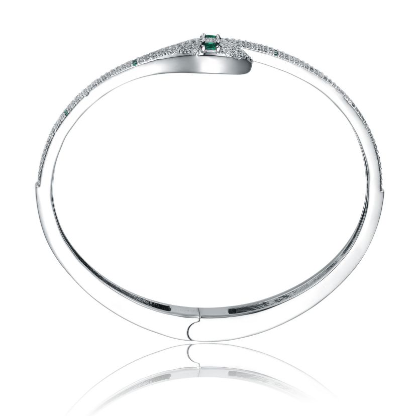 Lab Created White Gold Plated with Emerald Green Cubic Zirconia Snake Bypass Coil Wrap Bangle Bracelet