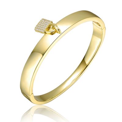 Rozzato Lab Created 14K Gold Plated with Clear Cubic Zirconia Padlock Charm Bangle Bracelet