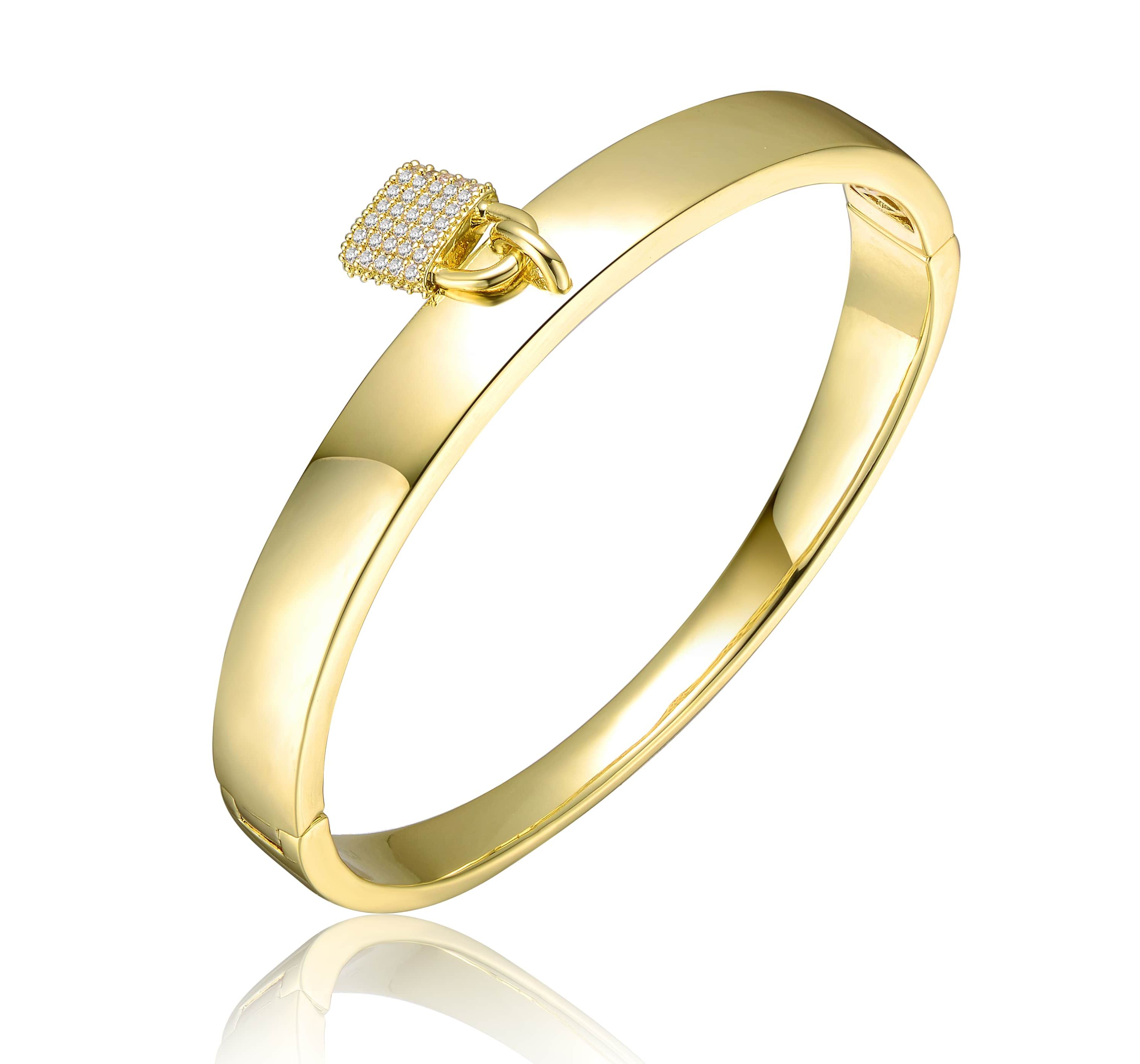 Lab Created 14k Yellow Gold Plated with Cubic Zirconia Padlock Charm Stacking Bangle Bracelet