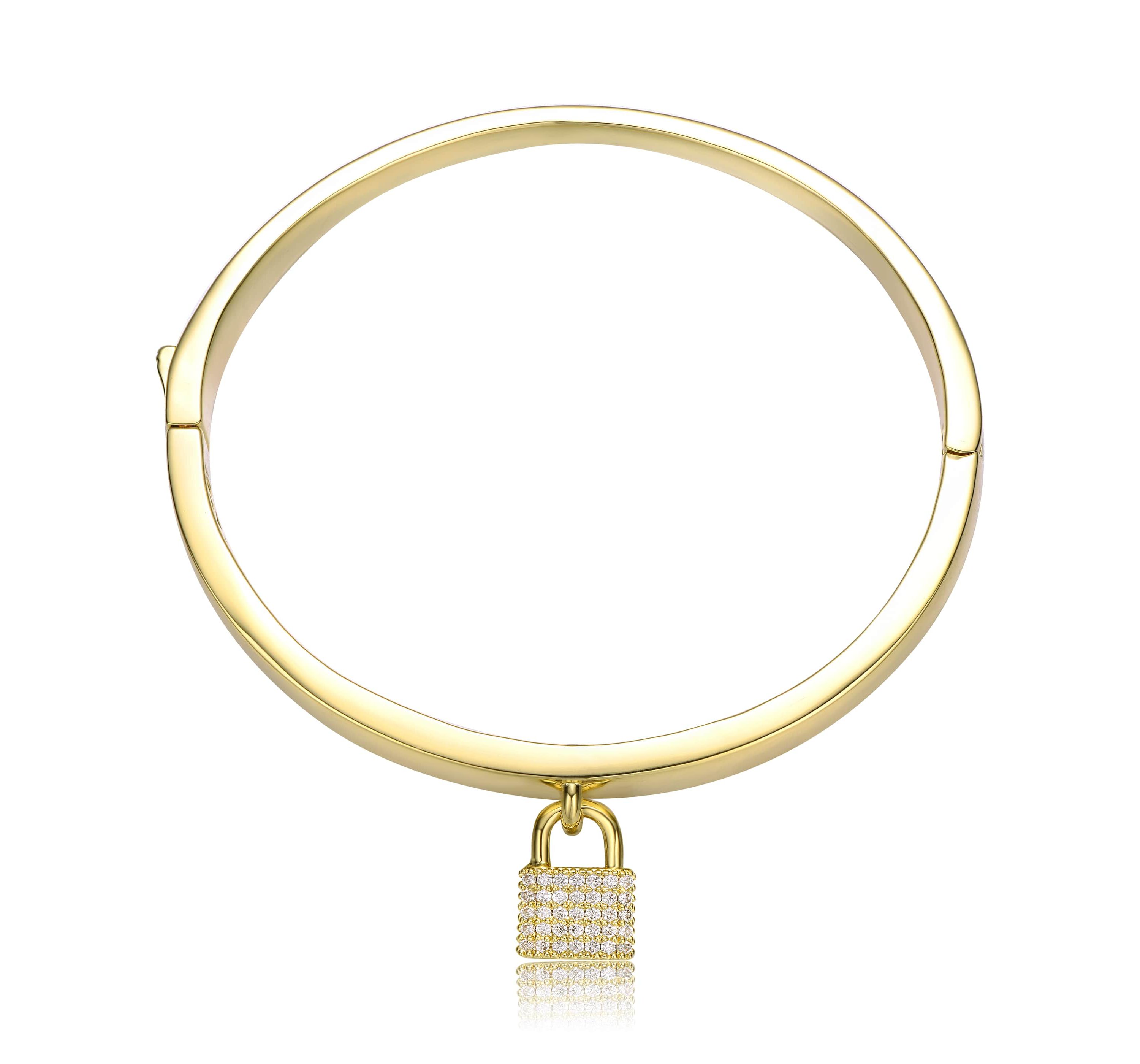 Lab Created 14k Yellow Gold Plated with Cubic Zirconia Padlock Charm Stacking Bangle Bracelet