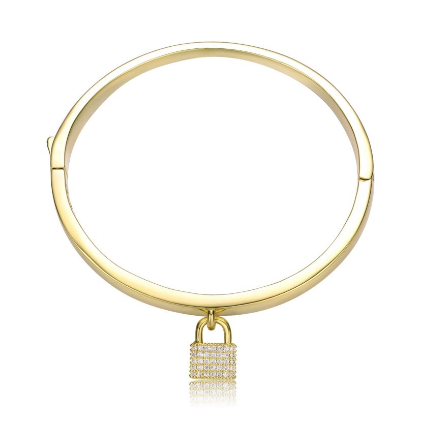 Lab Created 14k Yellow Gold Plated with Cubic Zirconia Padlock Charm Stacking Bangle Bracelet