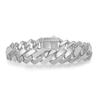 Rozzato Lab Created White Gold Plated with Clear Cubic Zirconia Cuban Link Bracelet for Men