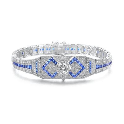 Rozzato Lab Created White Gold Plated with Clear Round and Blue Baguette Cubic Zirconia Link Bracelet