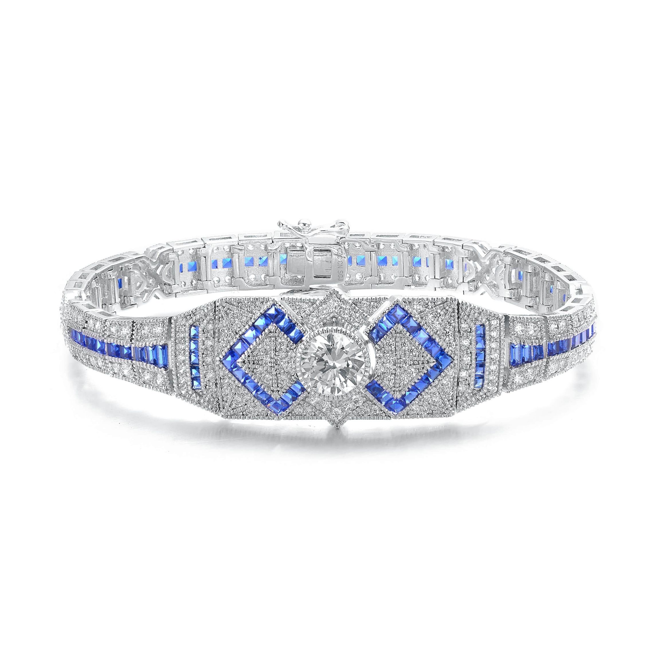 Lab Created White Gold Plated with Clear Round and Blue Baguette Cubic Zirconia Link Bracelet