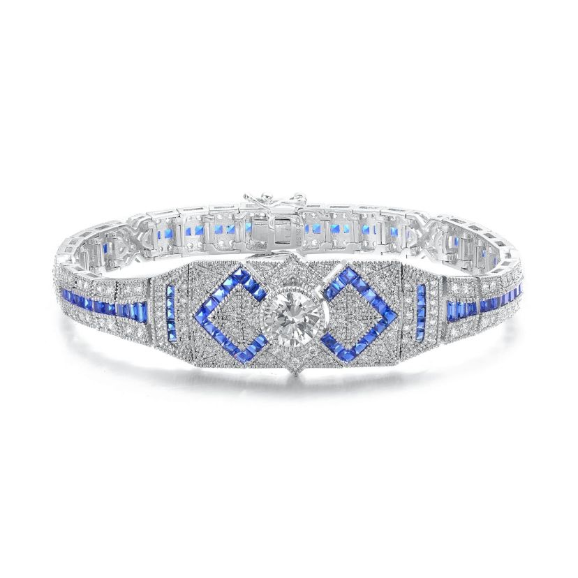 Lab Created White Gold Plated with Clear Round and Blue Baguette Cubic Zirconia Link Bracelet