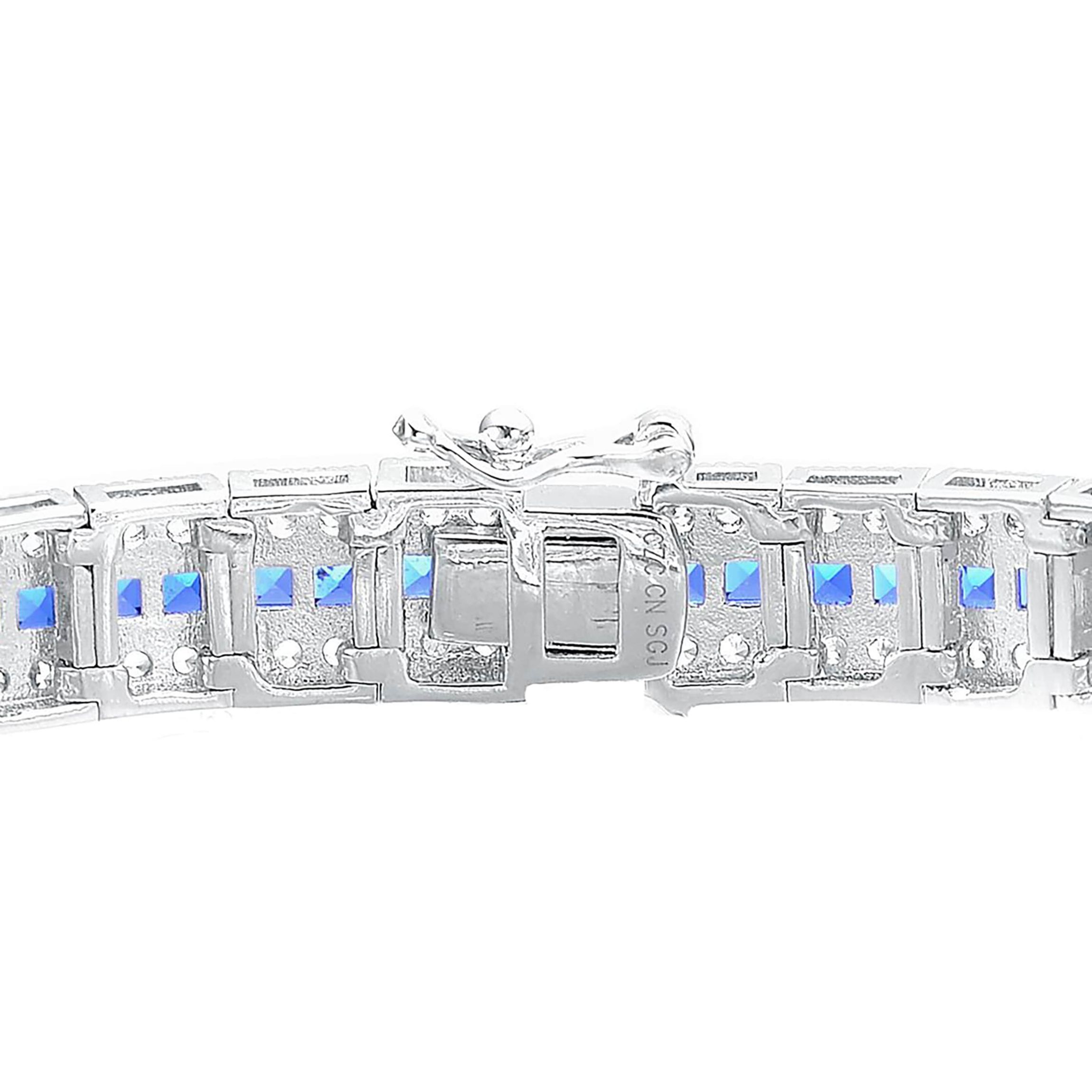 Lab Created White Gold Plated with Clear Round and Blue Baguette Cubic Zirconia Link Bracelet