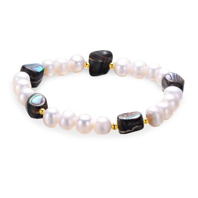 Rozzato Lab Created Sterling Silver White Gold Plated and Freshwater Pearl Abalone Bracelet