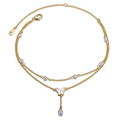 Rozzato 14K Gold Plated Double Layer Pearl and Butterfly Anklet