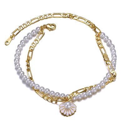Rozzato 14K Gold Plated Double Layer Pearl and Shell Charm Anklet