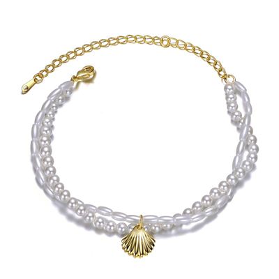 Rozzato 14K Gold Plated with White Pearl Chain Anklet with Dangling Shell