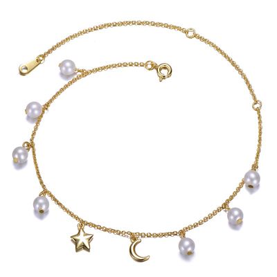 Rozzato Sterling Silver 14K Gold Plated with White Pearls and Charms Anklet