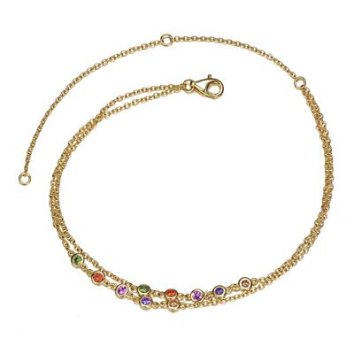 Rozzato Lab Created 14K Gold Plated with Multi Color Cubic Zirconia Double Layer Rolo Chain Anklet for Teens