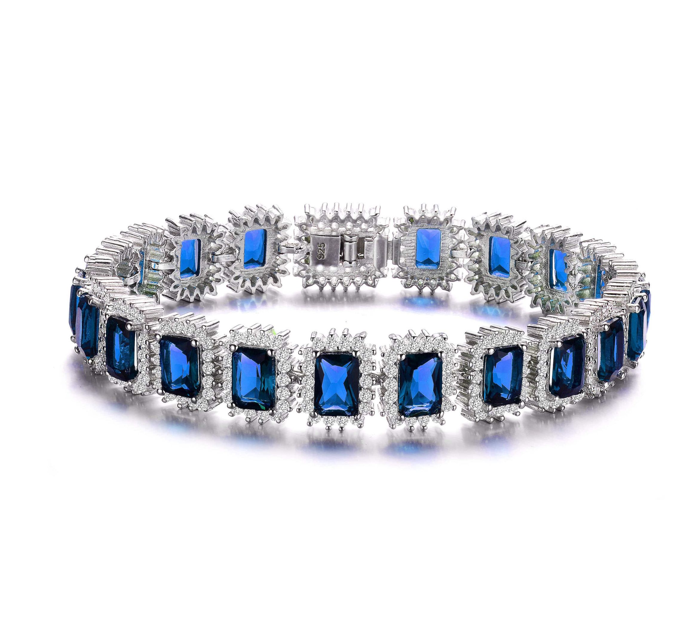 Lab Created White Gold Plated with Blue Cubic Zirconia Rectangular Halo Cluster Link Vintage Tennis Bracelet